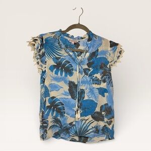 Nanette Lepore Blue Tropical Floral Tassel Blouse Coastal Beach Small